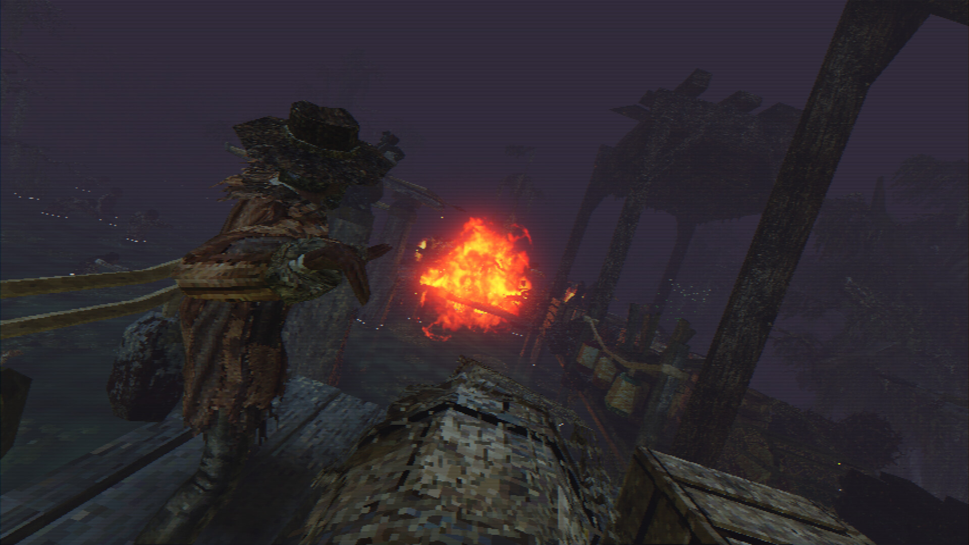 A hunter faces a fire-lit swamp in MALMORT
